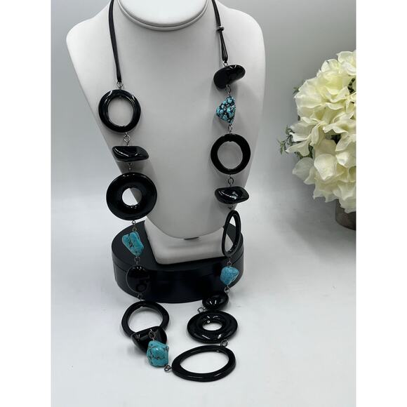 Chicos Turquoise Howlite Black Acrylic Chain Chunky Boho‎ Statement Necklace NWT - Picture 4 of 8